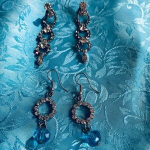 Bundle of 2 Silver Tone Glittery Rhinestones Pierced Earrings. 2” Drop.